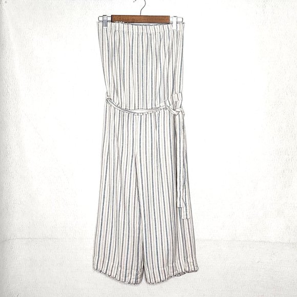 cloth & stone Pants - Cloth & Stone Strapless Striped Linen Blend Crop Jumpsuit Blue Ivory Gray